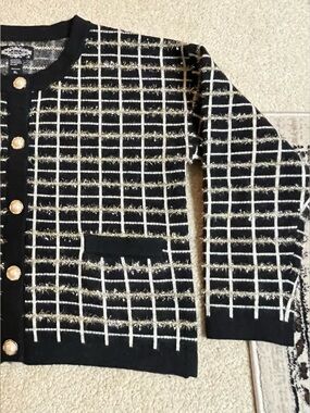 Windowpane Knit Cardiganyy with Pearl-Style Button by Oliver